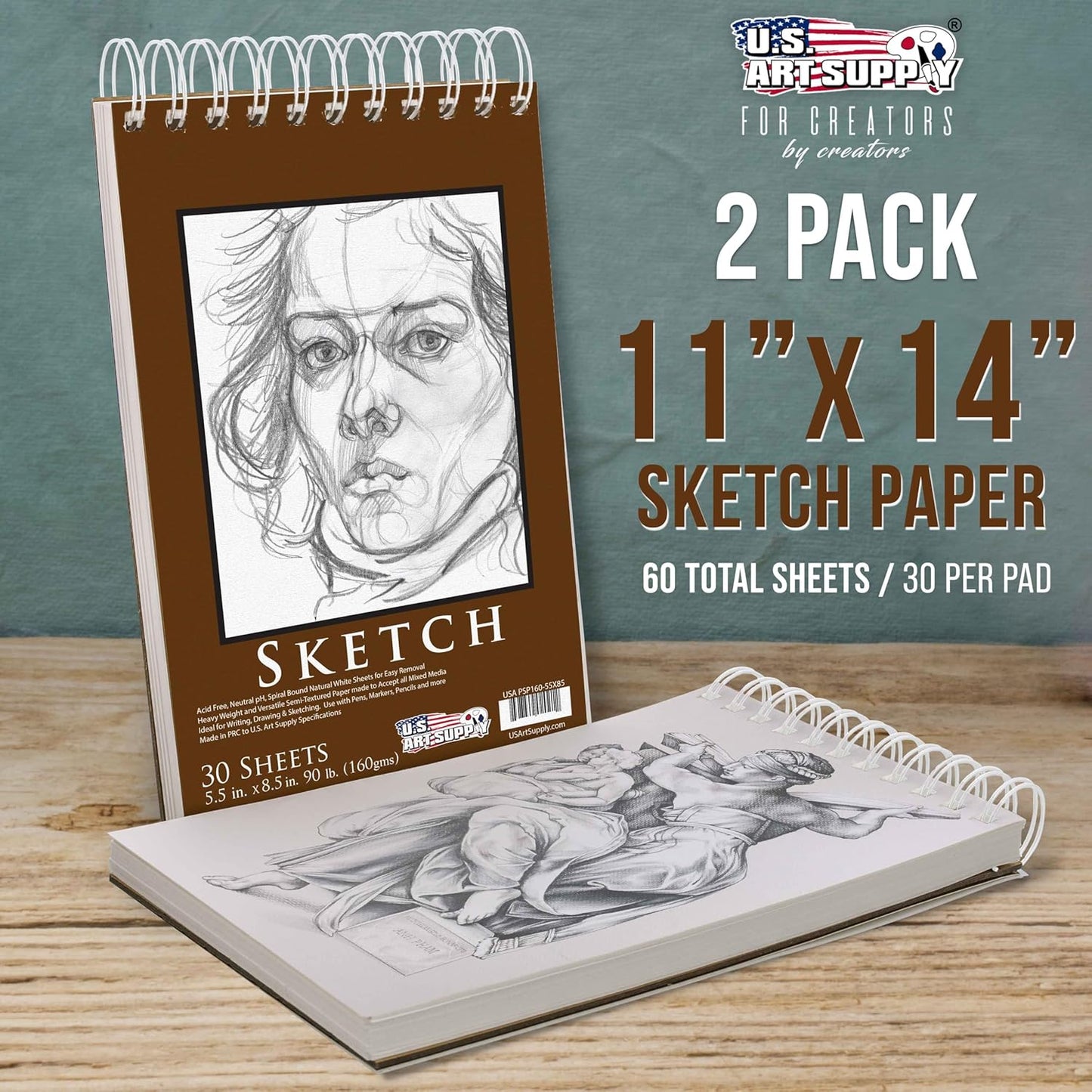 U.S. Art Supply 5.5”x8.5 Premium Heavy-Weight Paper Spiral Bound Sketch Book: 90 Pound (160gsm), 30-Sheet Drawing Pad (2 Pack)