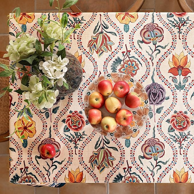 Vintage French Small Rectangular Tablecloth,Linen Tablecloth with Rose and Cornflower Pattern,Decorative Table Cover for Kitchen,Dining,Thanksgiving,Tea Party,55" × 71"-Lanae