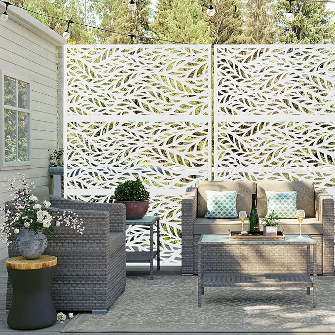 Metal Privacy Screen,72" H47 W,Freestanding Decorative Privacy Screen for Balcony Patio Lawn Garden,Privacy Fence Privacy Panel-White & Leaf