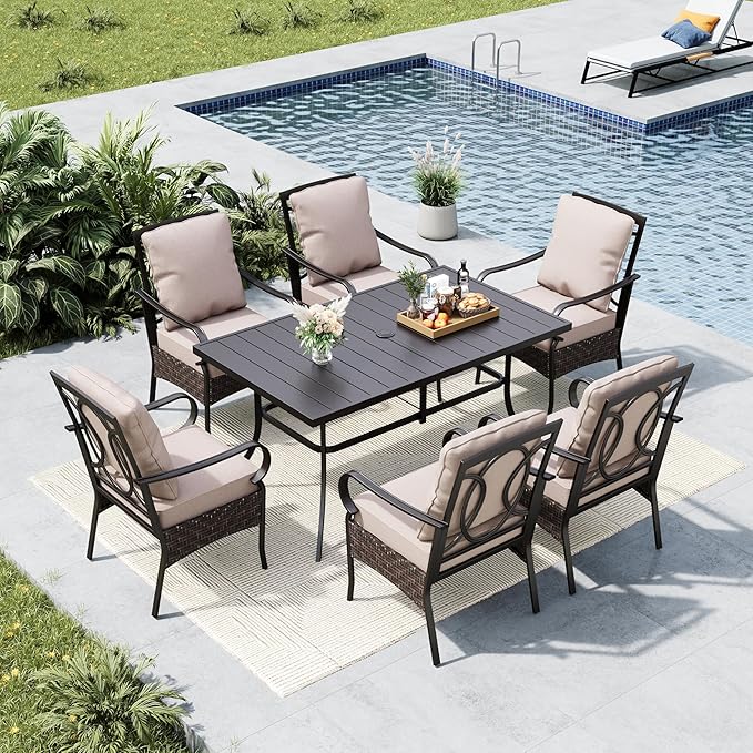 MFSTUDIO 7 Piece Outdoor Patio Dining Set for 6, 60'' Metal Rectangular Table and Wicker Chairs, All Weather Patio Furniture Table and Chairs Set, E-Coated Frame & Brown Wicker