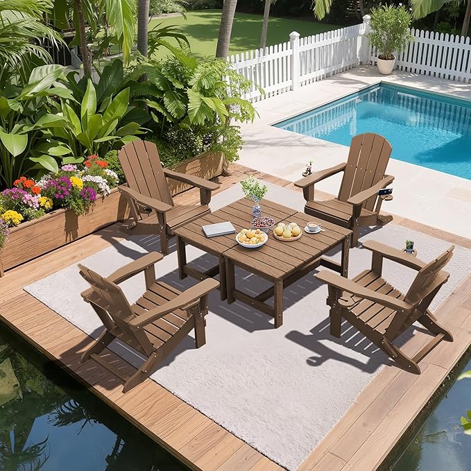 SERWALL Patio Coffee Table, HDPE Rectangle Outdoor Coffee Table Set of 2, Brown