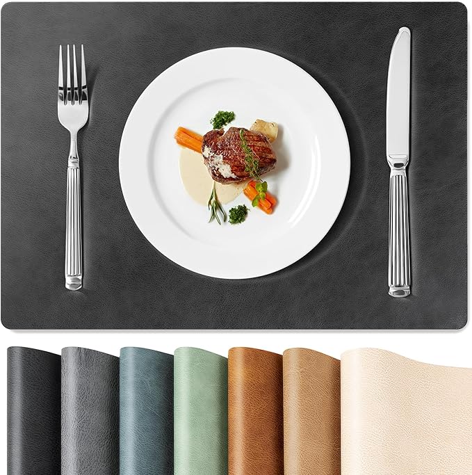 Roxifina Faux Leather Placemats Set of 8 - Vinyl Placemats Wipeable Waterproof Oil-Proof PU Place Mats Heat Resistant Reversible Table Mats for Dining, Kitchen, Outdoor, 12 x 17 Inch (Washed Black)