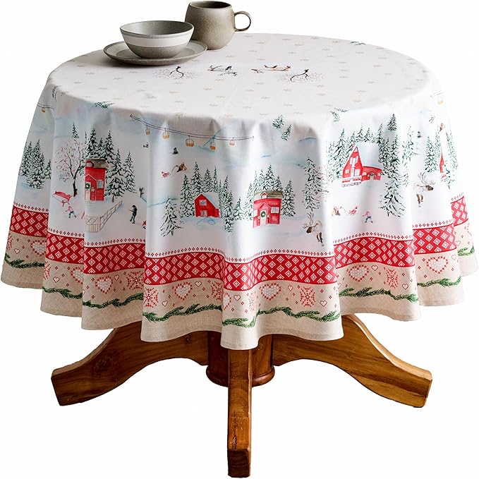 Maison d' Hermine Table Cloth Round Table 100% Cotton 63 Inches Fall Tablecloth Reusable Everyday Use for Thanksgiving Christmas Decorations Dining Farmhouse Party (Rural Christmas)