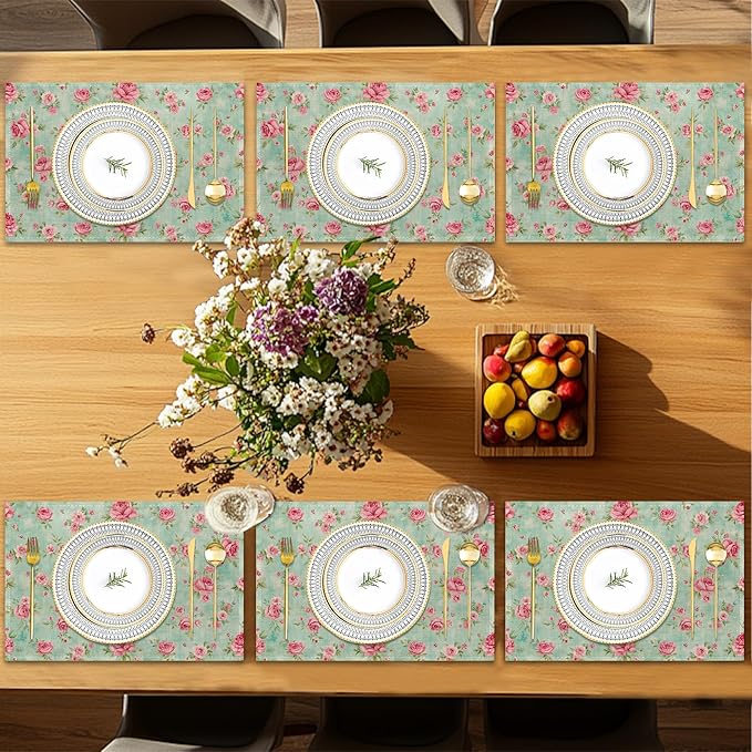 6 Pcs Placemats,Pink Flower Placemat,Vintage Floral Table Mats Washable Recyclable Table Placemats for Indoor Outdoor Heat Resistant Kitchen Dining 12"x18"