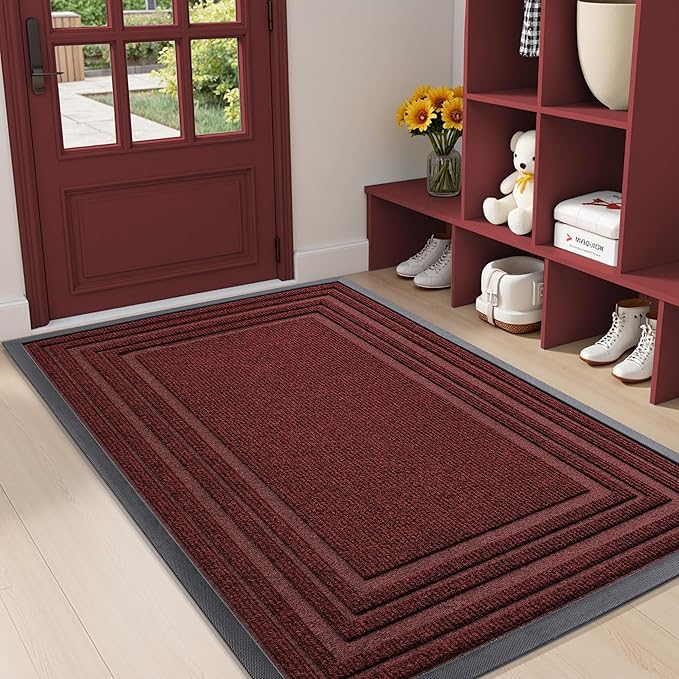 Buganda Front Door Mat Indoor Outdoor Entrance, Non-Slip Natural Rubber Doormats, Easy Clean, Low Profile, Dirt Trapper Entryway Floor Mats for Outside, Garages and Patios, 47x32, Wine Red