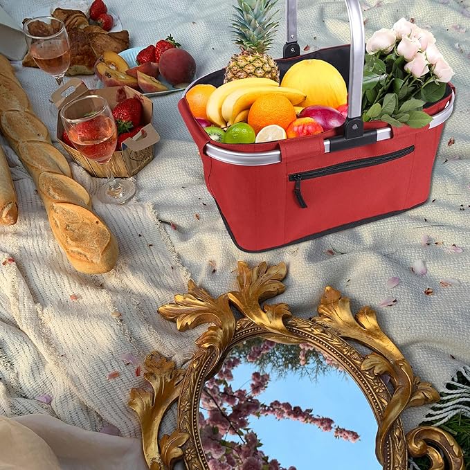 Picnic Basket, SIYUAN Shopping Basket with Handle 22L Collapsible Grocery Basket Portable Folding Bag for Marketing Picnic, Ruby Red