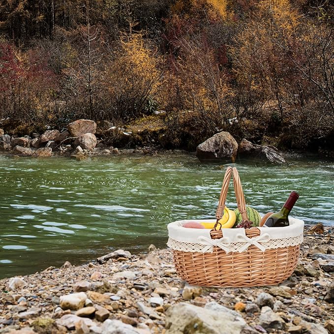 G GOOD GAIN Oval Picnic Basket with Folding Handles, Willow Hand Woven Shopping Basket, Bath Storage Gift Packing Basket, Wicker Empty Easter Eggs and Candy Small Gift Basket.Cream