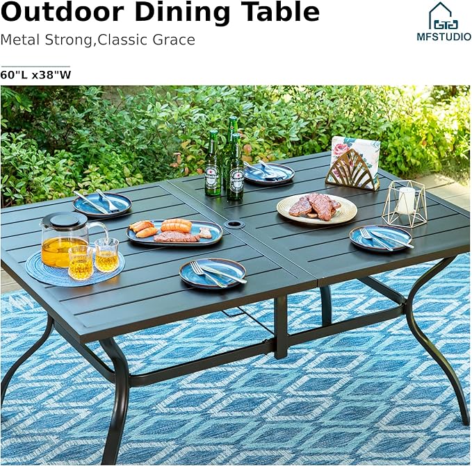 MFSTUDIO 7 Piece Patio Dining Sets with Swivel Chairs, 60’’ Metal Rectangular Dining Table for 6 and Chairs, Heavy Duty Outdoor Dining Furniture Set, Deck, Backyard