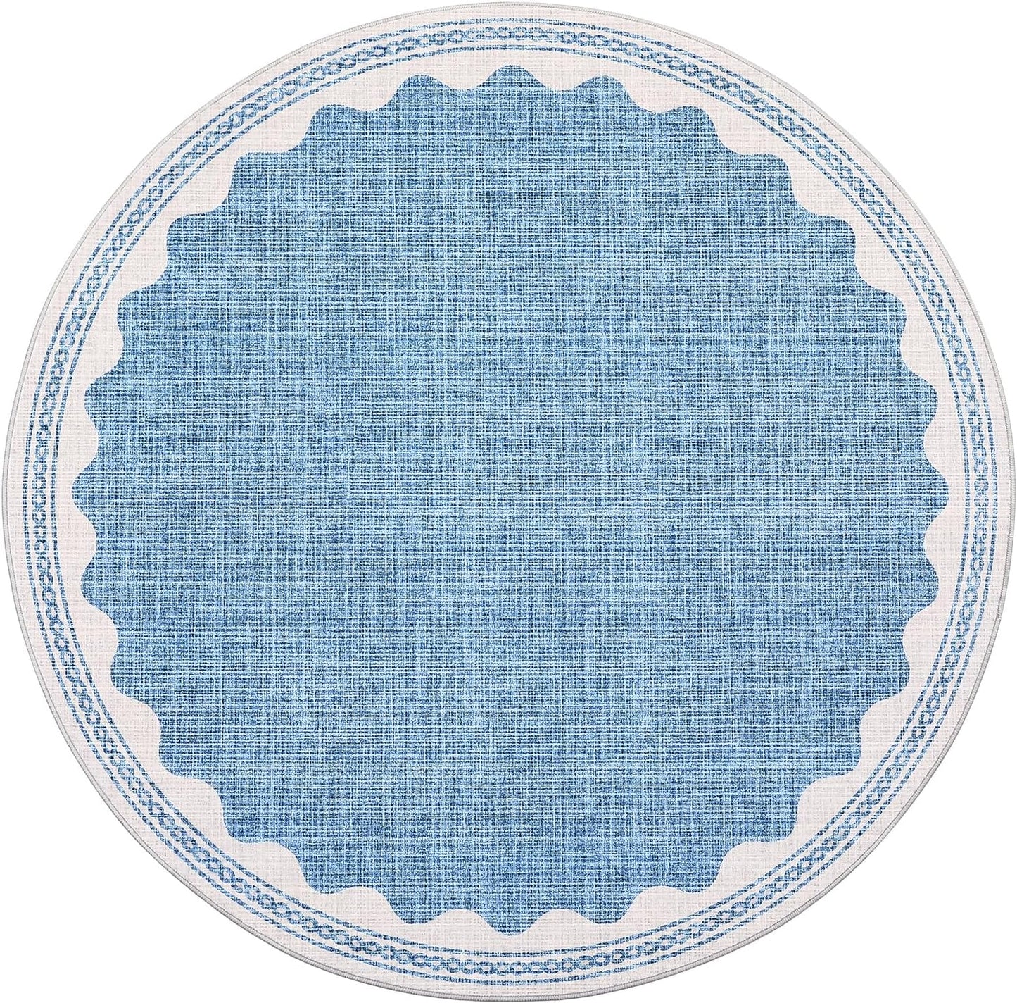 Scalloped Round Rug 4ft, Small Area Rugs Solid Blue Rug for Bedroom Girls, Washable Rugs for Living Room, Non Slip Scalloped Round Bath Mat, Soft Dorm Nursery Carpet for Bedside
