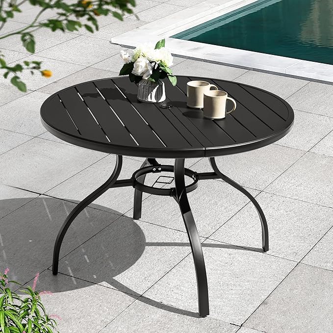 NUU GARDEN 41" Round Metal Outdoor Patio Dining Table for 4, All-Weather Slatted Outdoor Table with 1.57" Umbrella Hole and Adjustable Feet for Lawn Garden Backyard, Black