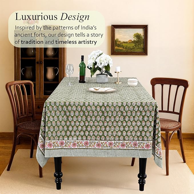 CPC Tablecloth 100% Cotton 60x60 Inch Indian Block Print Easter Square Table Cover, Table Cloth for Weddings, Parties- Jade Green 4-Seater