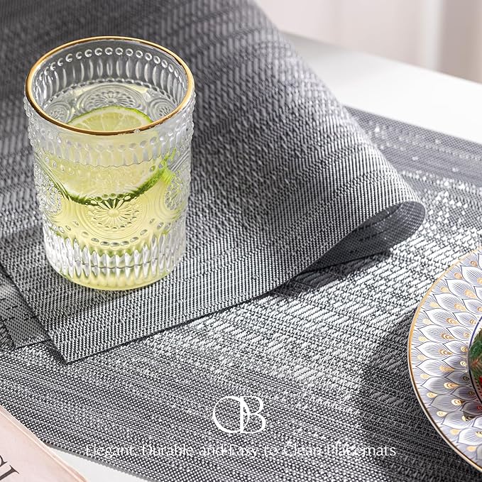 Placemats Set of 12 - Easy Clean Woven Vinyl Placemat for Dining Table, Indoor/Outdoor Place Mats, Washable PVC Table Mats（Gray）
