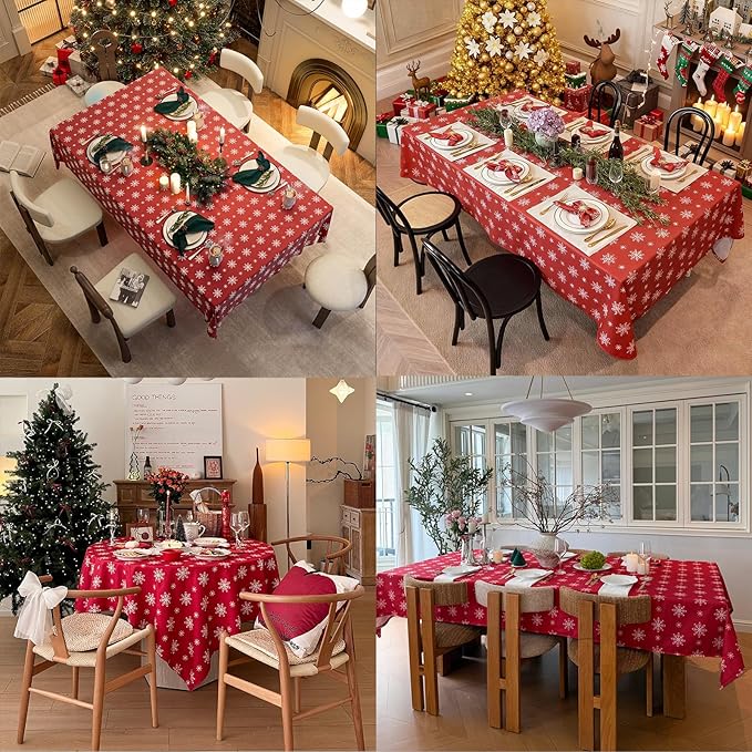 Christmas Red Tablecloth, Rectangle Table Cloh with Snowflake Decorations, Spillproof Cotton Linen Fabric Table Cover for Holiday, Winter, Party - 60''x120''