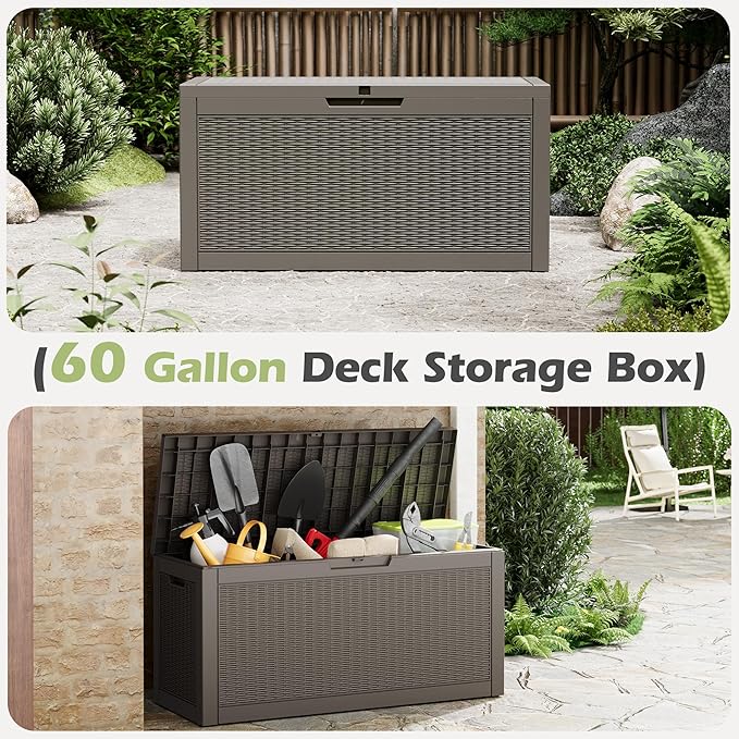 Outdoor Storage Box, 60 Gallon Outside Deck Box Waterproof, Resin Outdoor Storage Cabinet With Lockable Lid, Storage Bench for Garden Tools, Patio Cushions, Pool Tools, Package Delivery, Gray