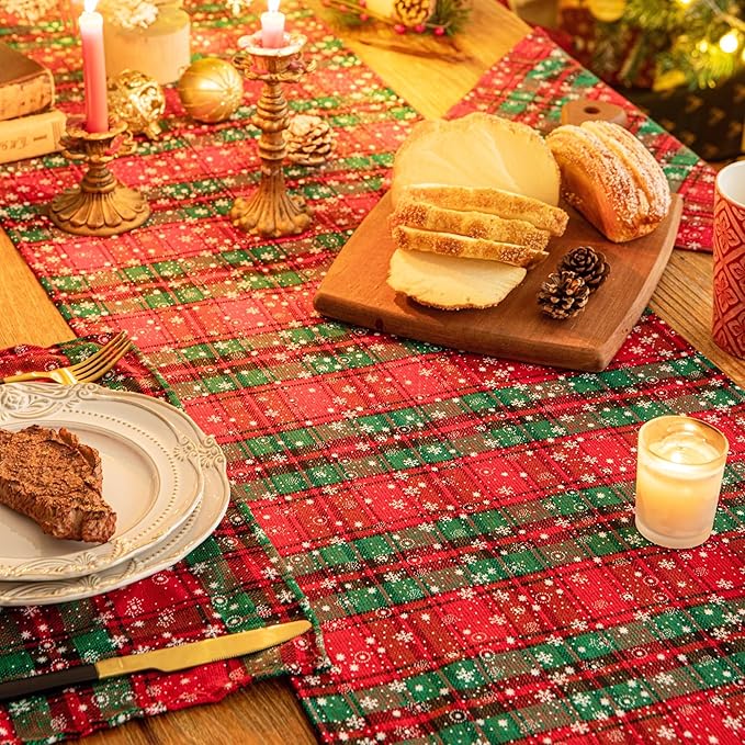 Green Red Plaid Snowflake Christmas Table Runner, Winter Holiday Table Runners 72 inches Long Xmas Decorations Indoor Outdoor Farmhouse Home Kitchen Dining Party Decor