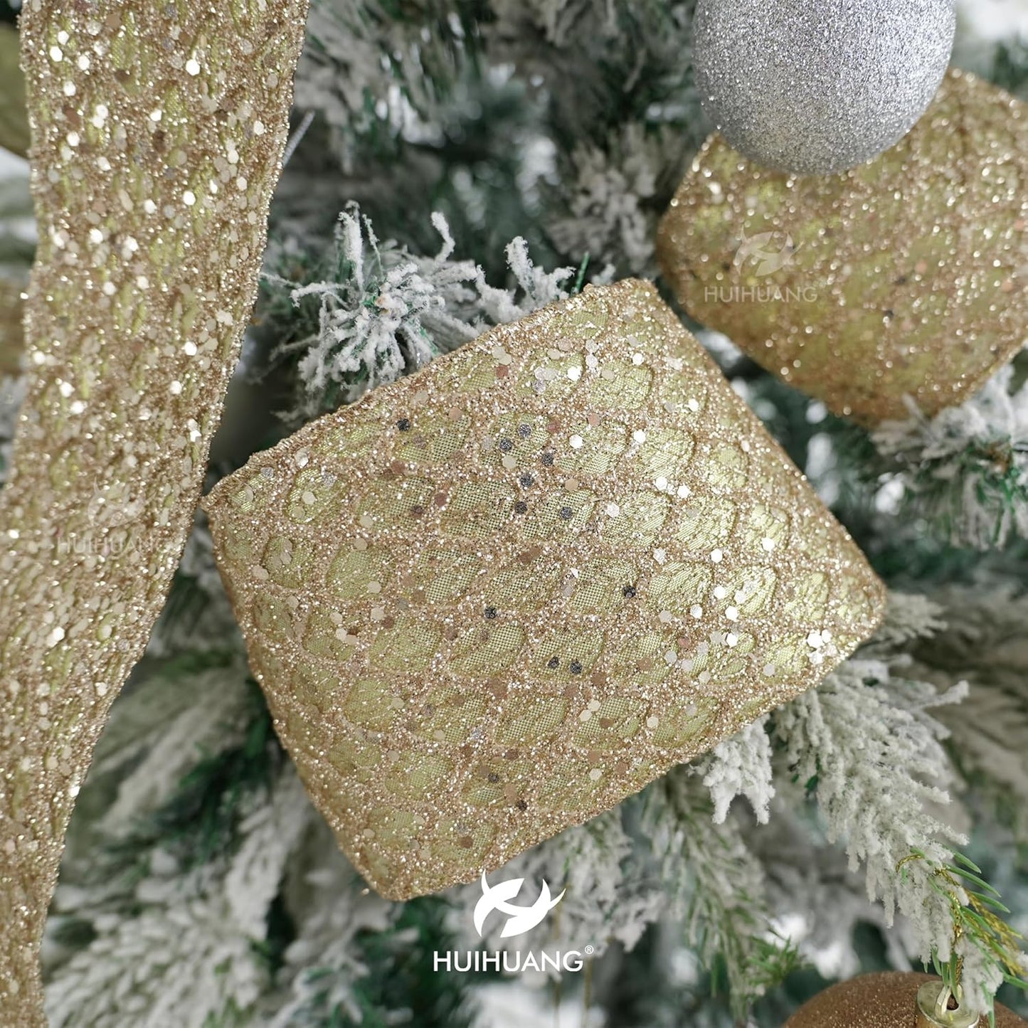HUIHUANG Champagne Gold Christmas Ribbon 4 inch Glitter Wired Ribbon Diamond Mesh Wire Ribbon for X-mas Tree Decorations, Wreaths, Garland, Large Bows Making, Wedding Decor -10 Yards