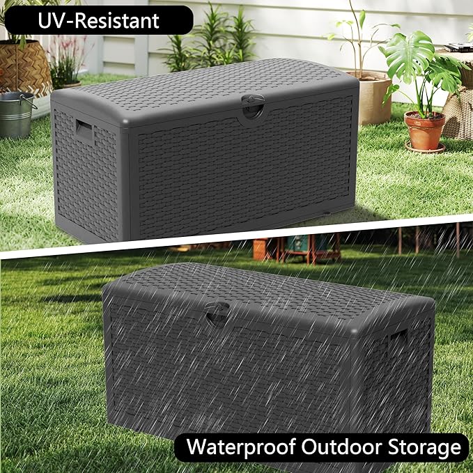 80 Plus Gallon Resin Deck Box, Waterproof Outdoor Storage Box for Patio, Poolside, and Garden, Lockable UV-Resistant Storage Bin Bench Cabinet for Small Spaces, Black