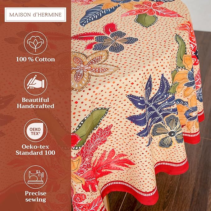Maison d' Hermine Table Cloth Round Table 100% Cotton 69 Inches Fall Tablecloth Reusable Everyday Use for Thanksgiving Christmas Decorations Dining Farmhouse Party (Kalahari)