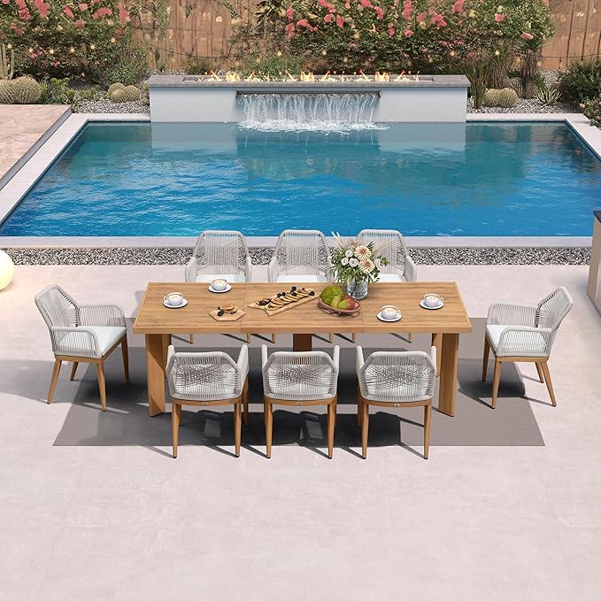 PURPLE LEAF 9 Pieces Patio Dining Set Aluminum Modern Rectangular Table and Rattan Arm Chairs with Cushions for Kitchen Porch Garden Outdoor Furniture Sets, Teak