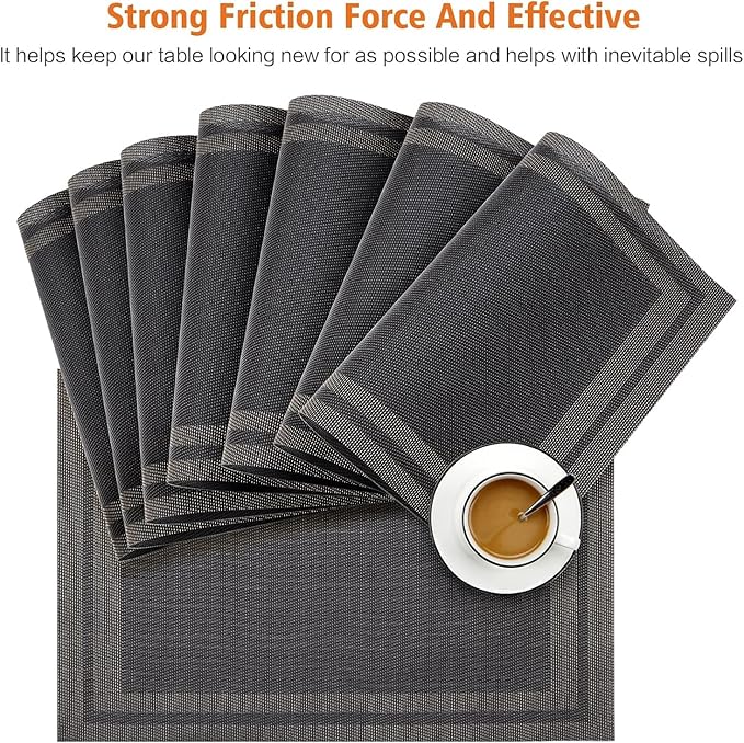 Placemats Set of 6,Washable,Heat and Stain Resistant Indoor/Outdoor Place mats,Vinyl Woven Non Slip Table Mats for Restaurant Table Protection,PVC Placemats(Black Gold,6PCS)