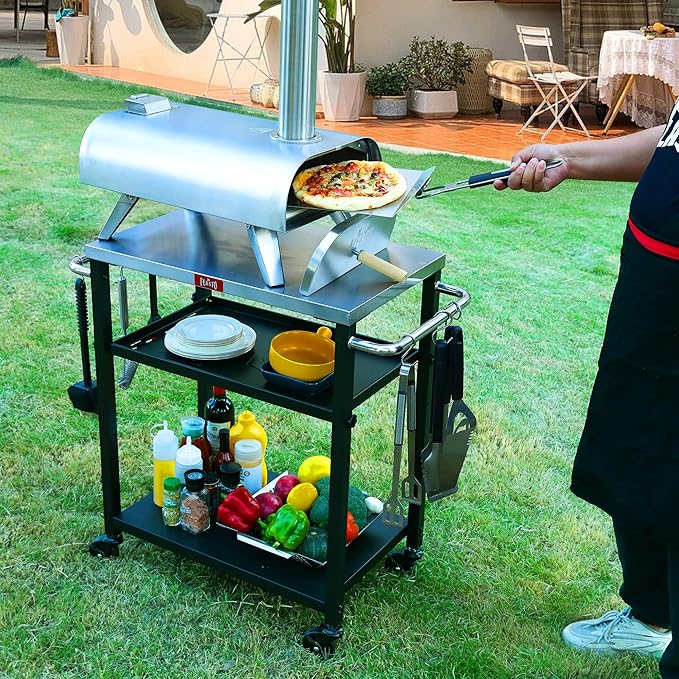 3-Shelf Grill Table, Pizza Oven Stand with Shelf, Movable Pizza Oven Grill Cart, Grill for Outside, Outdoor Bar Cart with Wheels, Stainless Steel top, L26.6xW16.1