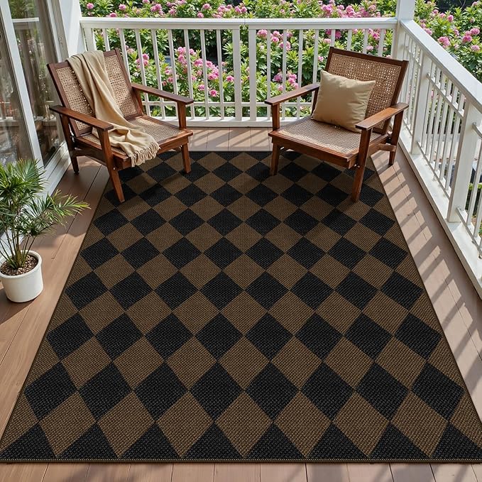 Easy Jute Coffee Checkered 5x7 Area Rug, Washable Modern Rugs for Living Room Non-Slip Diamond Bedroom Rug, Neutral Farmhouse Indoor Outdoor Carpet for Patio Dining Room Classroom