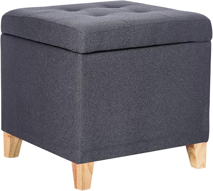 Adeco Fabric Storage Ottoman Bench with Solid Wood Legs, 17.7" Square Dark Grey Cotton Linen Cube Foot Stool, Upholstered Button Tufted Vanity Chair with Hinged Lid for Living Room, Bedroom, Dorm