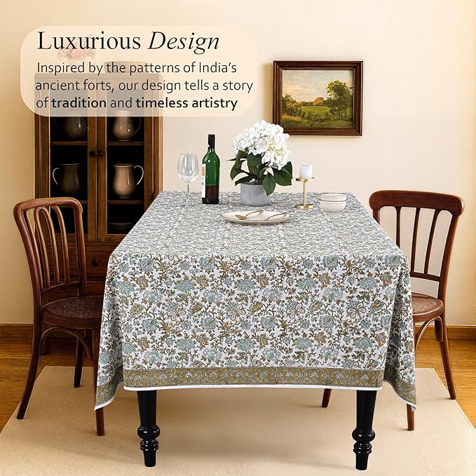 CPC Tablecloth 100% Cotton 72x140 Inch Indian Block Print Rectangle Table Cover, Blue Table Cloth for Weddings, Spring/Summer, Barbeque - Harvest Bloom
