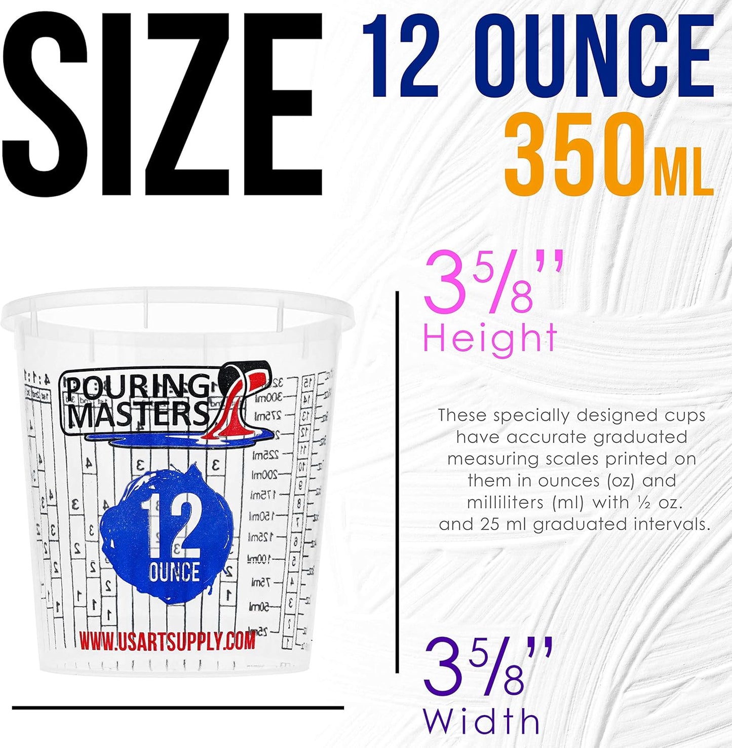 Pouring Masters 12 Ounce (350ml) Graduated Plastic Mixing Cups (Box of 20) - Paint Mixing Cups for Epoxy Resin, Art, Kitchen, Baking - Measurements in OZ and ML, 4 Different Measuring Ratios 1:1