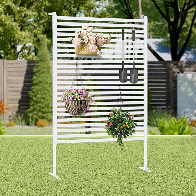 Outdoor Privacy Screen with Stand, Rustproof Metal Fence Panel, 35.43’’x 59.06’’ PE-Coated Steel Slats, Decorative Privacy Fence for Patio, Garden, Backyard, Trash Can, White(1 Panel)