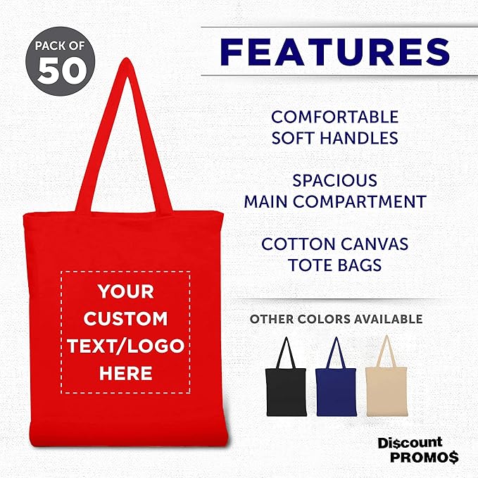 DISCOUNT PROMOS Custom Cotton Canvas Tote Bags Set of 50, Personalized Bulk Pack - Reusable, Great for Shopping, Grocery, Beach, Picnic, Wedding Favors - Red