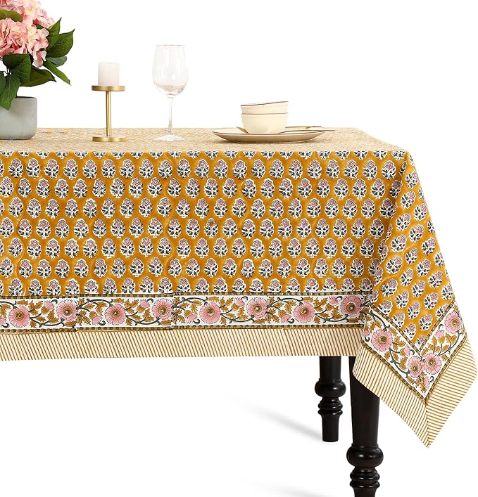 CPC Tablecloth 100% Cotton 72x190 Inch Indian Block Print Rectangle Table Cover, Yellow Table Cloth for Weddings, Spring/Summer, Barbeque - Yellow Citrine