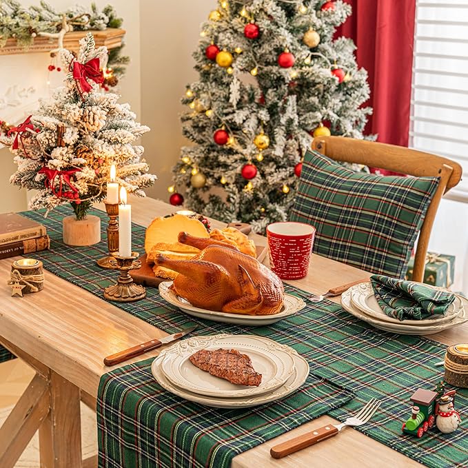 Green Blue Plaid Christmas Table Runner, Winter Holiday Table Runners 72 inches Long Xmas Decorations Indoor Outdoor Farmhouse Home Kitchen Dining Party Decor