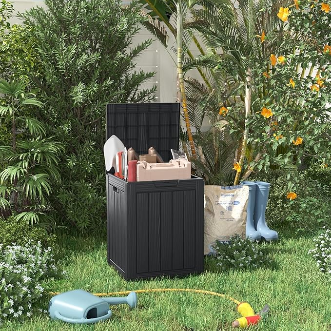 28 Gallon Deck Box,Resin Outdoor Storage Box with Lockable for Patio Furniture, Pool Accessories, Garden Tools Waterproof Outside Storage Box, Black