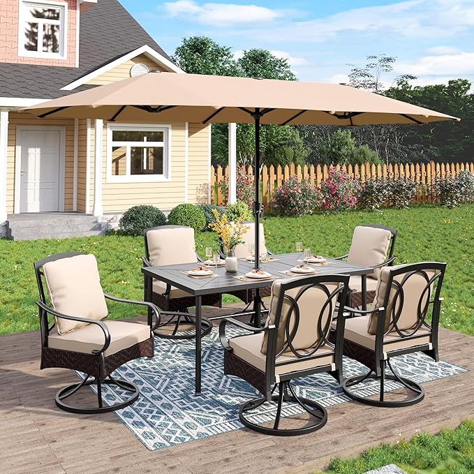 PHI VILLA Outdoor Dining Set for 6, All-Weather Patio Table and Chairs Set with Umbrella for 6, Heavy Duty Rectangle Patio Table Set for Deck, 6 Extra Large Outdoor Swivel Chairs with Thick Cushions