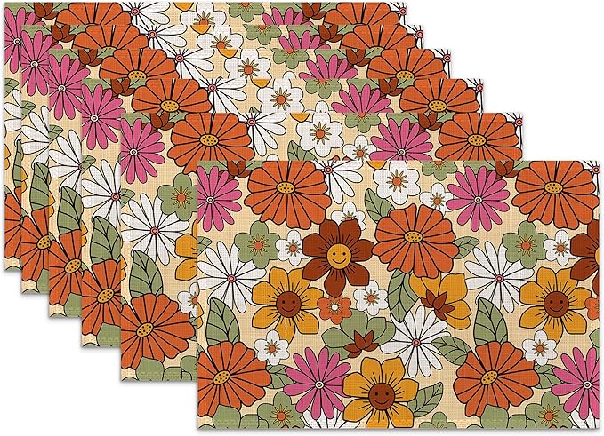 Retro 70s Groovy Flowers Placemats for Dining Table Set of 6,Hippie Daisy Place Mats for Home Party Kitchen Indoor Holiday Rustic Washable Heat Resistant Table Mats 12 x 18 Inch