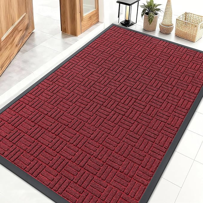 OLANLY Front Door Mat Outside Entrance 47x32, Absorbent, Heavy Duty Sturdy Natural Rubber Doormat Indoor Outdoor, Non-Slip, Stain and Fade Resistant, Low Profile Floor Mat for Entryway, Black Red