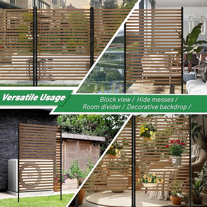 Outdoor Privacy Screen Fence with Feet Stand 3.3FT x 6FT, Wood Texture Freestanding Fence Privacy Screen for Outside, Metal Pipes and Slats Panels Divider for Garden Patio Balcony Backyard