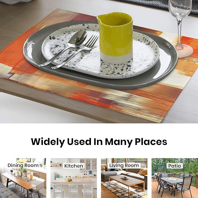 Modern Art Placemats Set of 4 Orange Abstract Painting Place Mats Washable Linen Placemat for Kitchen Dining Table Home Party Decor 18x12 Inches