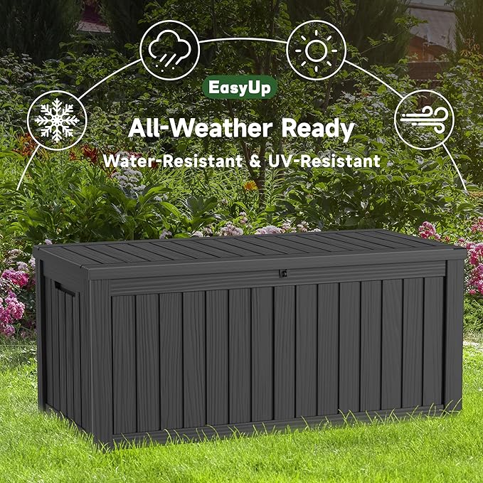 EasyUp 150 Gallon Outdoor Storage Box, Resin Waterproof UV-Resistant Deck Box with Hydraulic Lid Support, Reinforced Stability for Patio, Garden, and Poolside, Black