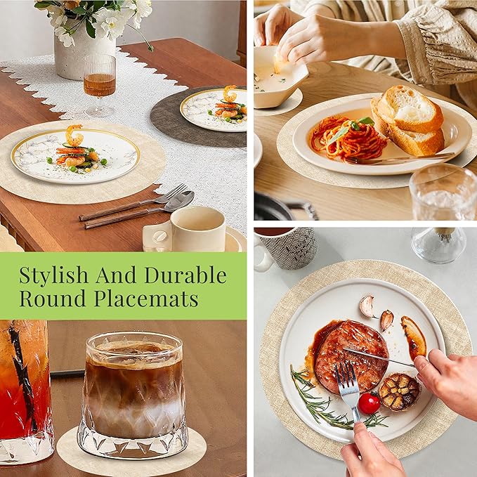 13-Inch Faux Leather Round Placemats Set of 12, Waterproof Anti-Slip Dual Sided Place mats, Heat Resistant Washable Table Mats with Coaster, Suitable for Indoor & Outdoor (12, Beige Dark Coffee)