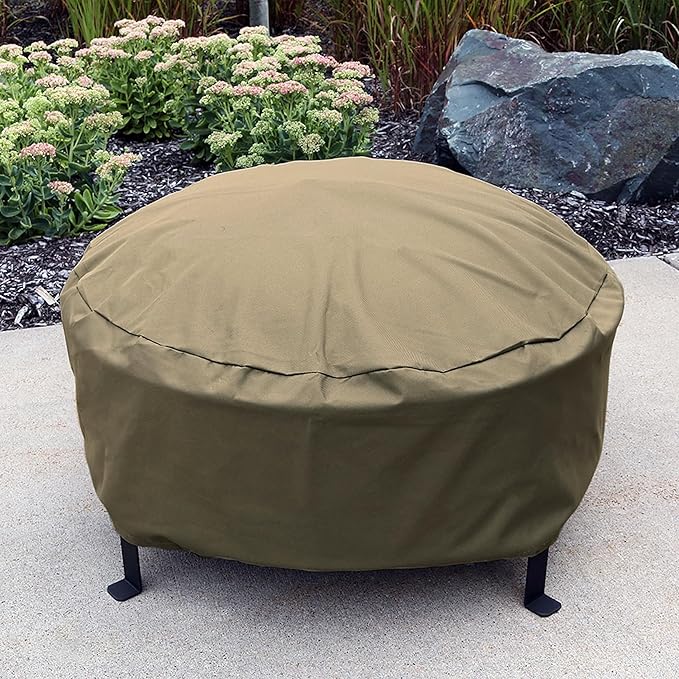 Sunnydaze Round Outdoor Fire Pit Cover - Heavy-Duty 300D Polyester and PVC with Drawstring Closure - Khaki - 48-Inch