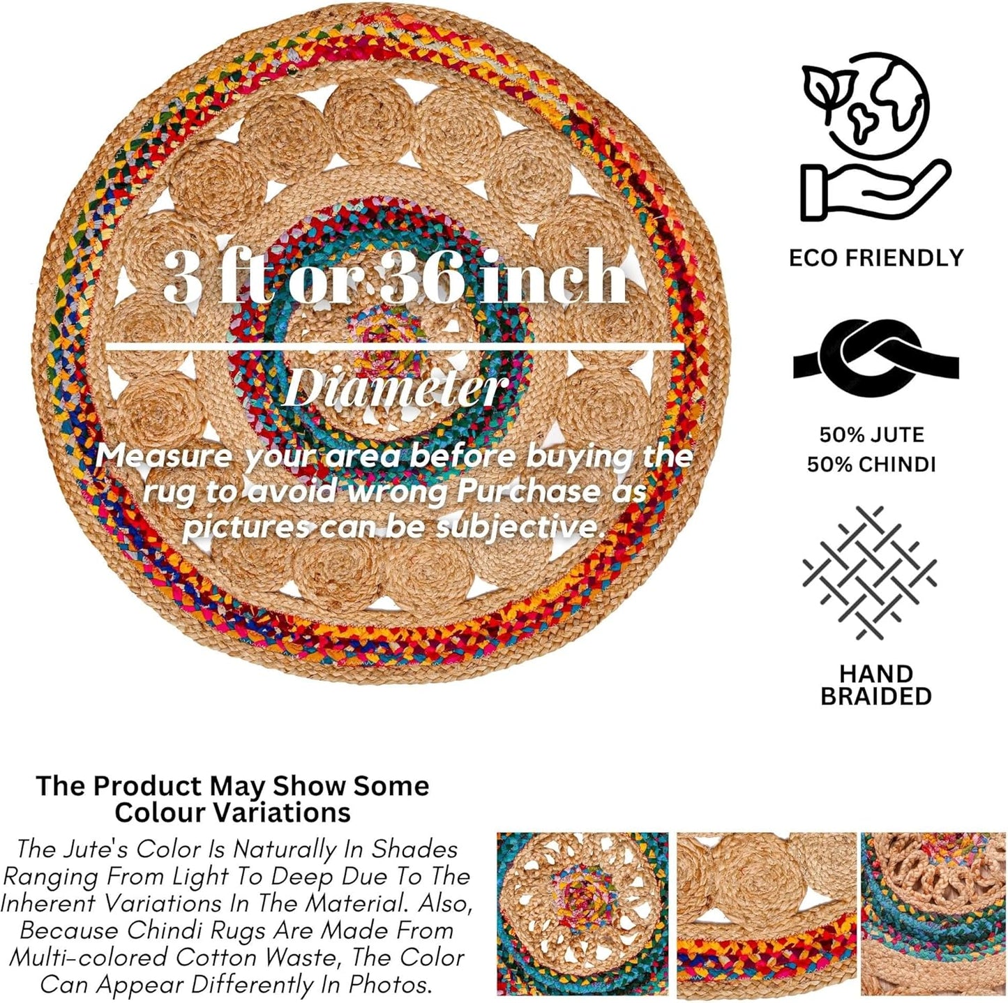 3' Round Handwoven Jute Chindi Area Rug - Colorful Boho Rugs for Living Room - Hand Braided Multicolor Bohemian Rug for Farmhouse, Bedroom, Dining Room, Classroom, Hallway, Kitchen, Office