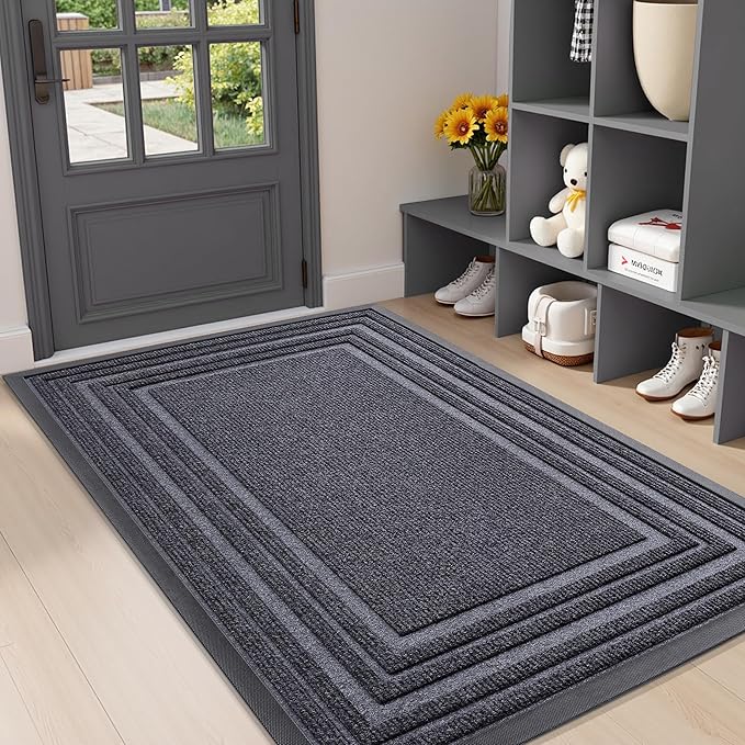 Buganda Front Door Mat Indoor Outdoor Entrance, Non-Slip Natural Rubber Doormats, Easy Clean, Low Profile, Dirt Trapper Entryway Floor Mats for Outside, Garages and Patios, 47x32, Grey