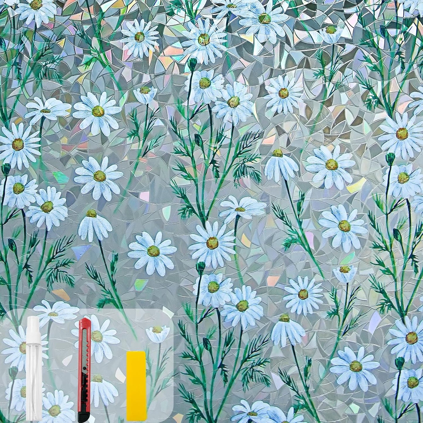 Window Privacy Film Stain Glass Window Film Rainbow Window Film Window clings Non-Adhesive Reusable Decorative for Room (Daisy Rainbow, 17.5 x 78.7 in)