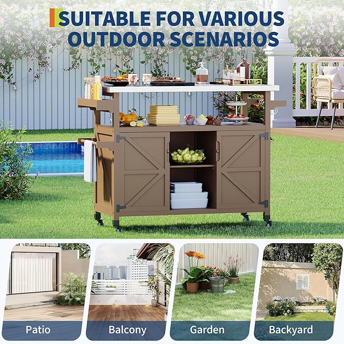 Garvee Outdoor Grill Cart with Storage, Outdoor Bar Cart Rolling BBQ Movable Pizza Oven Table Stand, Kitchen Island Carts with Stainless Steel Top, Spice Rack, Towel Rack & Storage Cabinet, Coffee