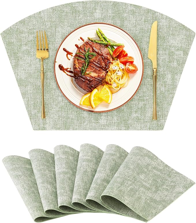 Homaxy Round Table Placemats Set of 6, Washable Wedge Shaped Faux Leather Table Mats, Wipeable Kitchen Dinner Place Mats for Indoor Outdoor, Grass Green