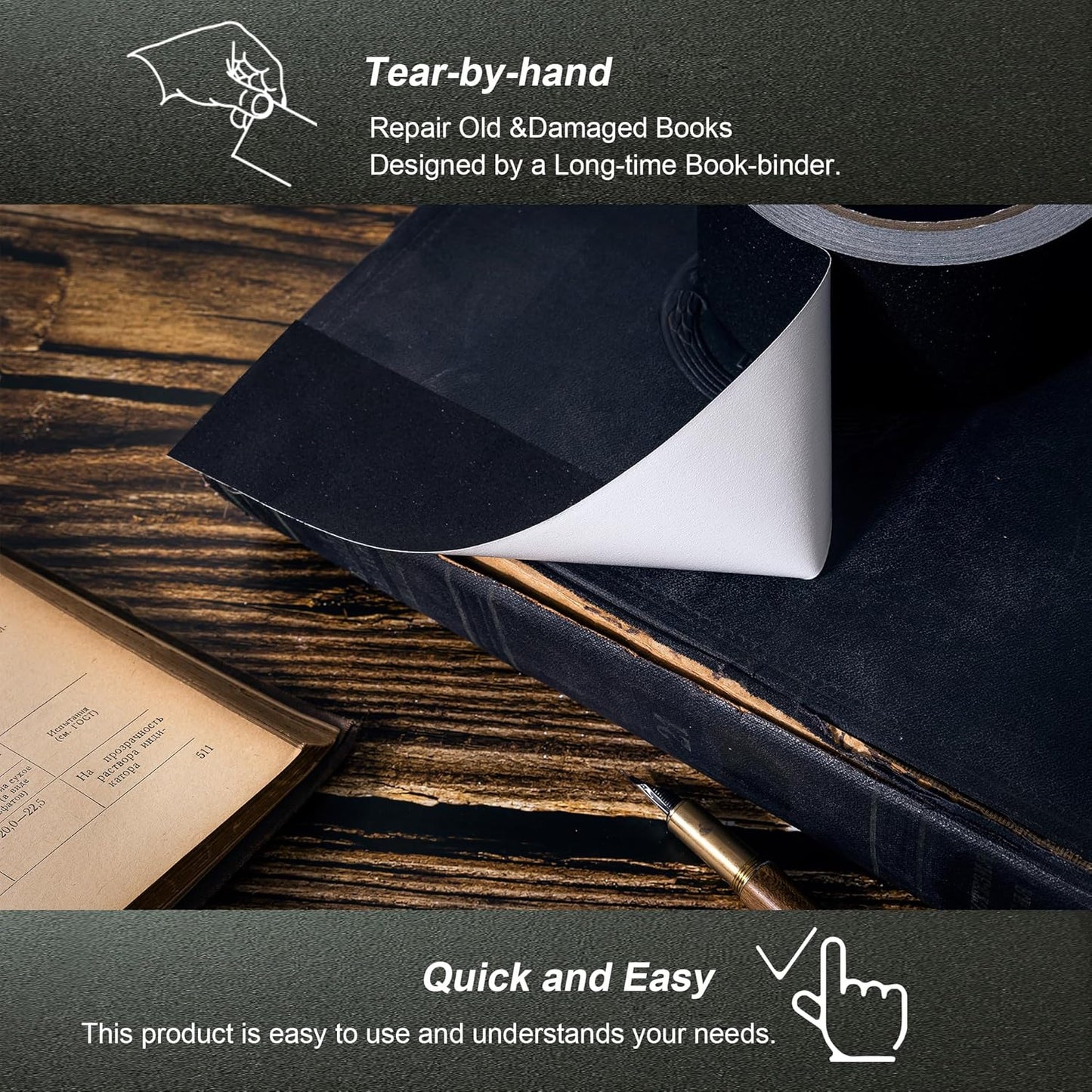 Book Repair Tape - Self Adhesive Matte Book Binding Tape for Reinforcing Protecting, and Covering Mending Books Old Books - 2 Inch Wide x 50 FT Long, Black