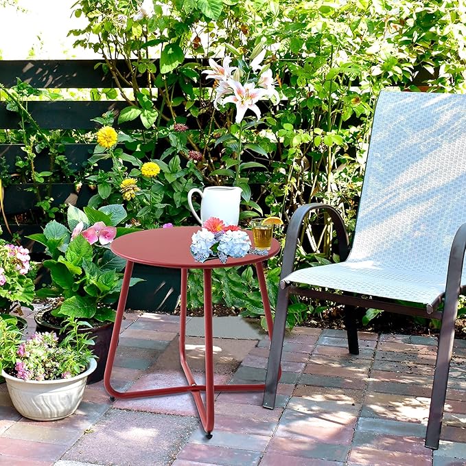 Patio Small Side Table Waterproof Round Metal Steel Weather Resistant Portable Outdoor and Indoor End Table for Garden Balcony Yard, Red