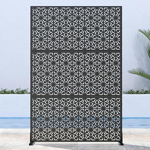 Casaphoria 72" H x 47" W Metal Outdoor Privacy Screen, Freestanding Decorative Divider for Patio, Deck, Balcony, and Garden with Stable Base, Black Gene